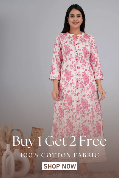 Classy Pink Floral Printed Cotton Kurta with Plazo Set for Women