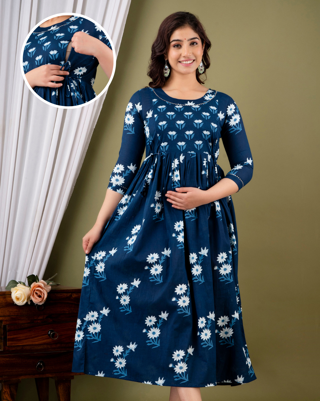 Dark Blue and White Flower Print Maternity Nursing Gown with Feeding Zip