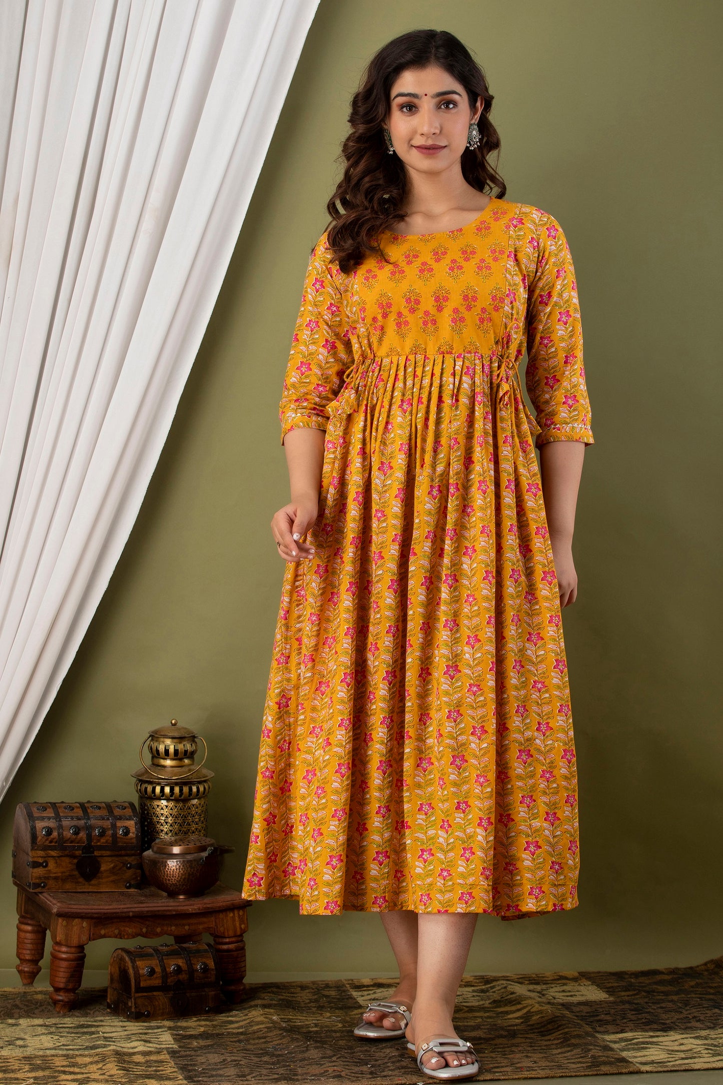 Mustard Patti Maternity Nursing Gown with Feeding Zip