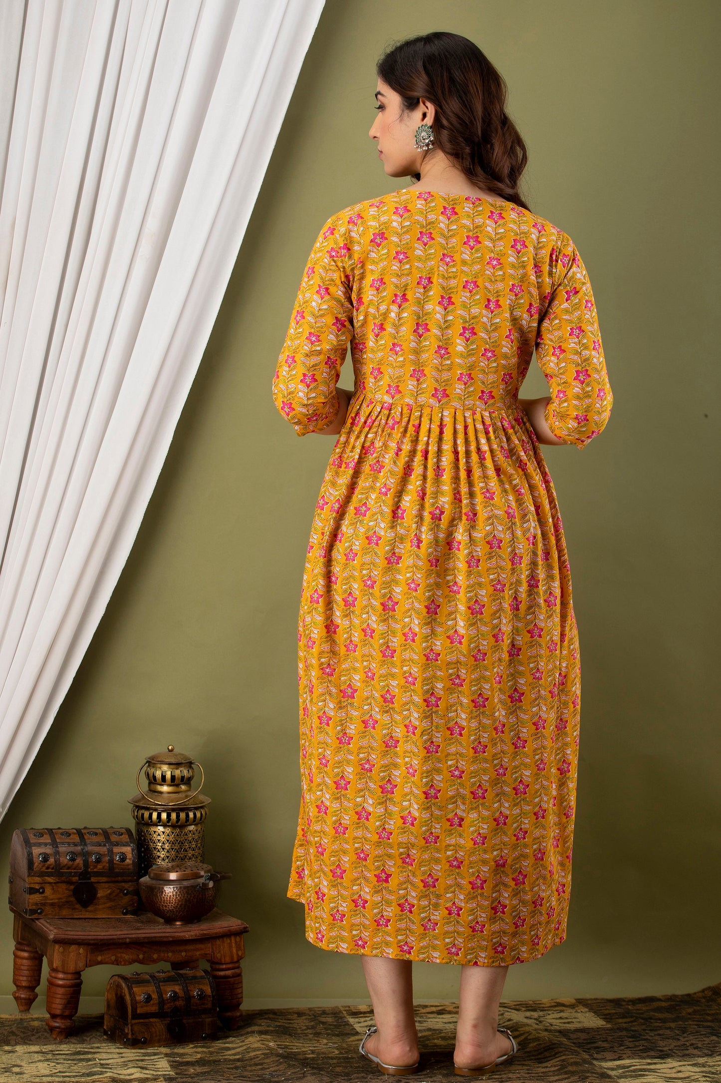 Mustard Patti Maternity Nursing Gown with Feeding Zip