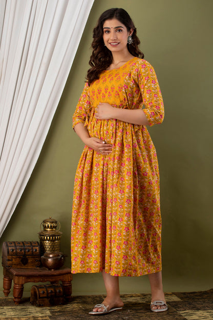 Mustard Patti Maternity Nursing Gown with Feeding Zip