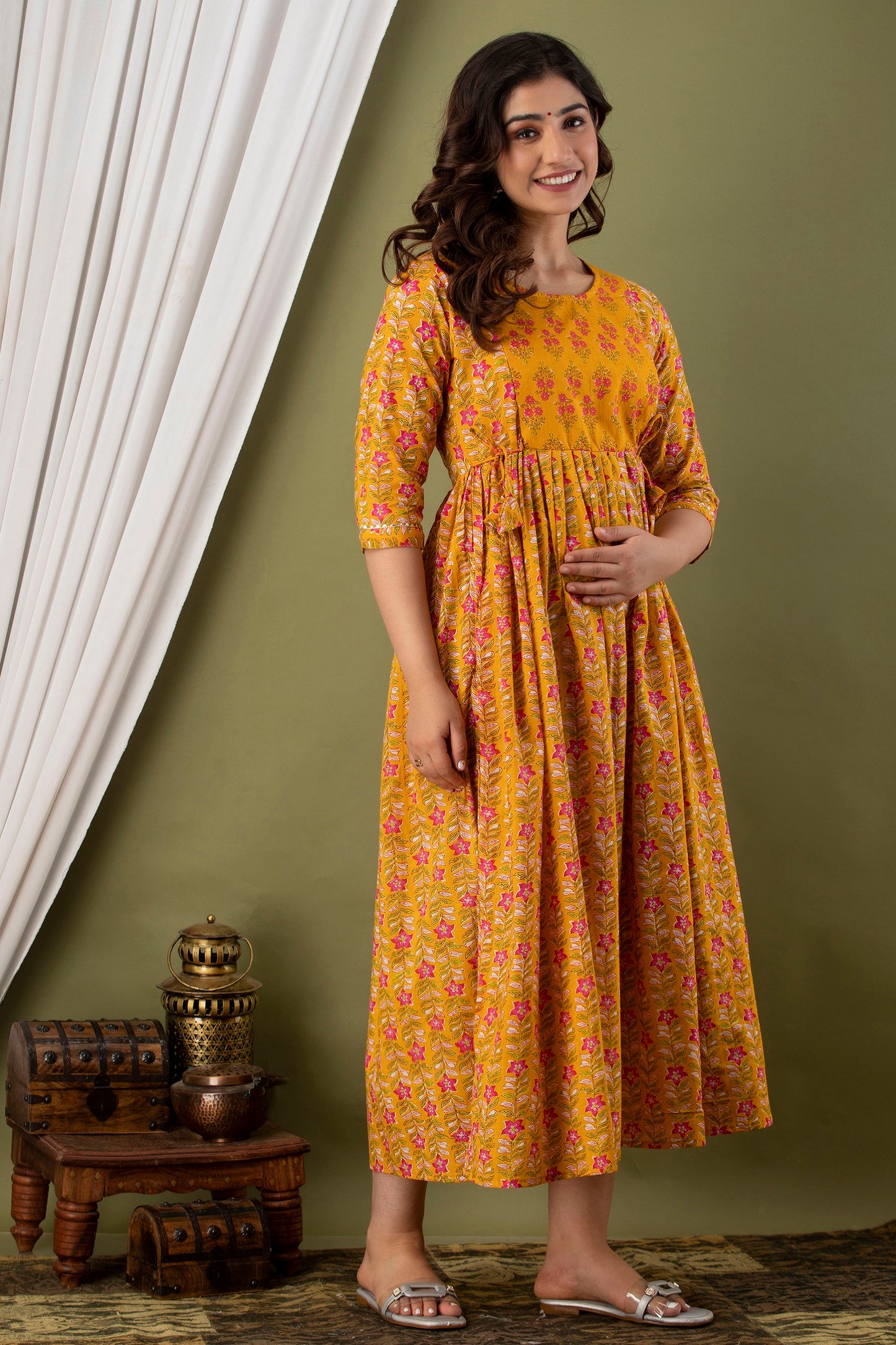 Mustard Patti Maternity Nursing Gown with Feeding Zip