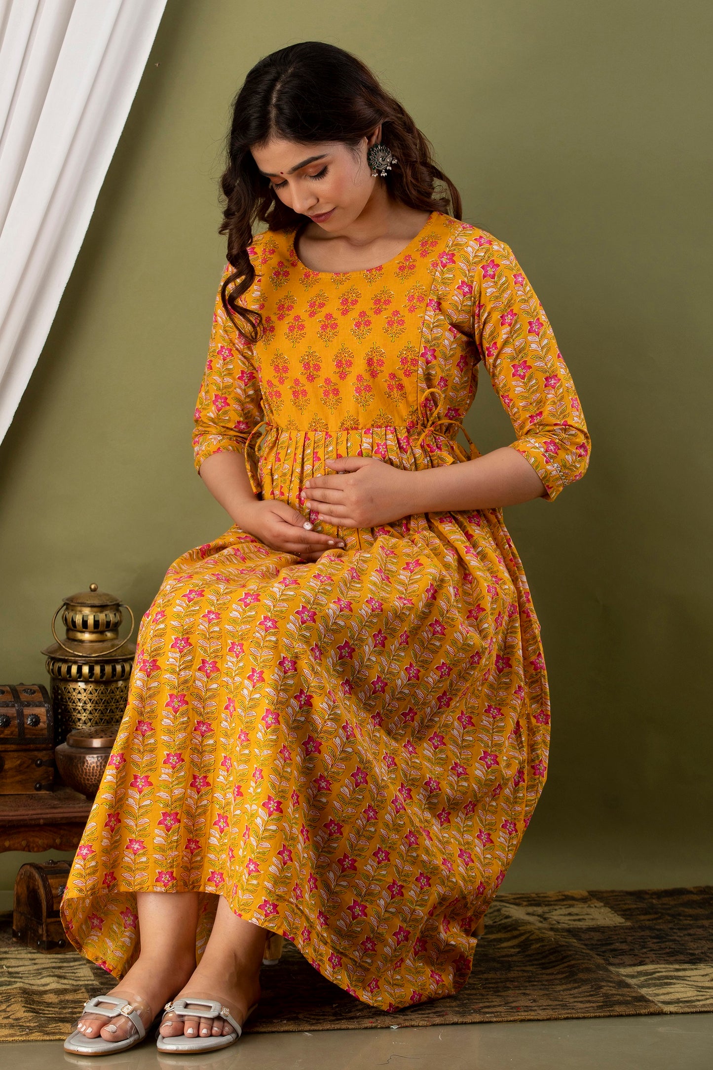 Mustard Patti Maternity Nursing Gown with Feeding Zip