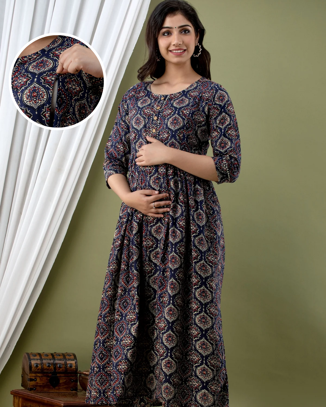 Navy Maternity Nursing Gown with Feeding Zip