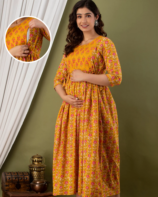 Mustard Patti Maternity Nursing Gown with Feeding Zip