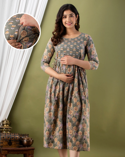 Grey Off White Flower Maternity Nursing Gown with Feeding Zip