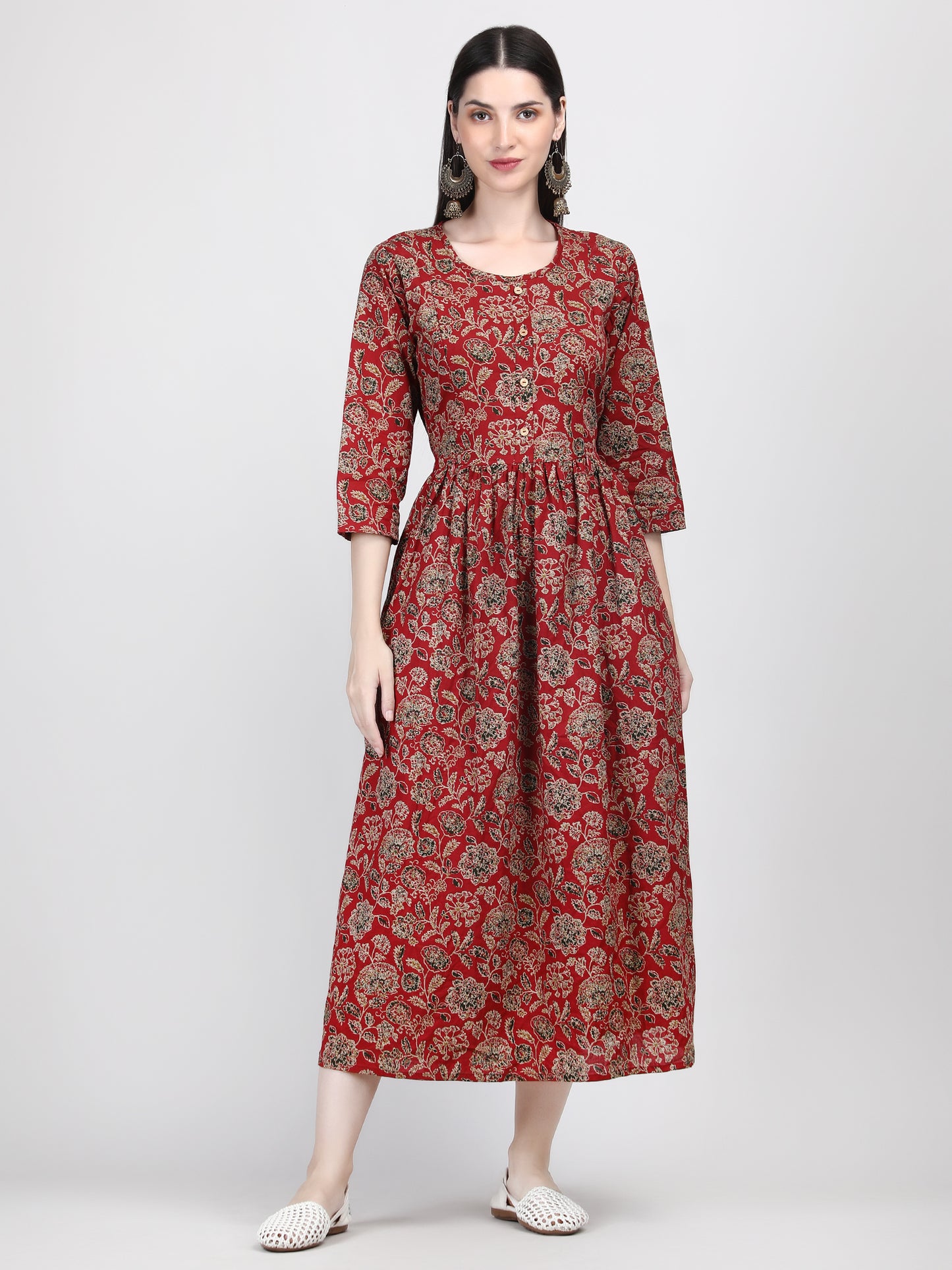 Best Barn Red Floral Printed Pure Cotton Feeding & Maternity Gown with Invisible Zip