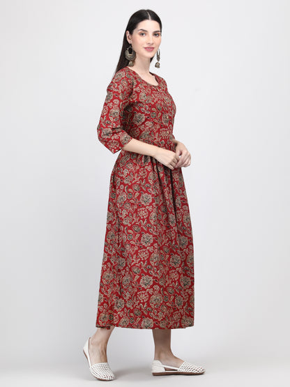 Best Barn Red Floral Printed Pure Cotton Feeding & Maternity Gown with Invisible Zip