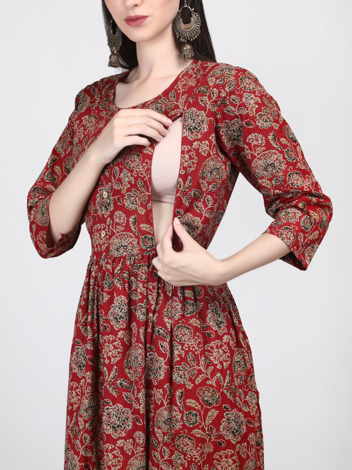 Best Barn Red Floral Printed Pure Cotton Feeding & Maternity Gown with Invisible Zip