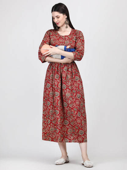 Best Barn Red Floral Printed Pure Cotton Feeding & Maternity Gown with Invisible Zip