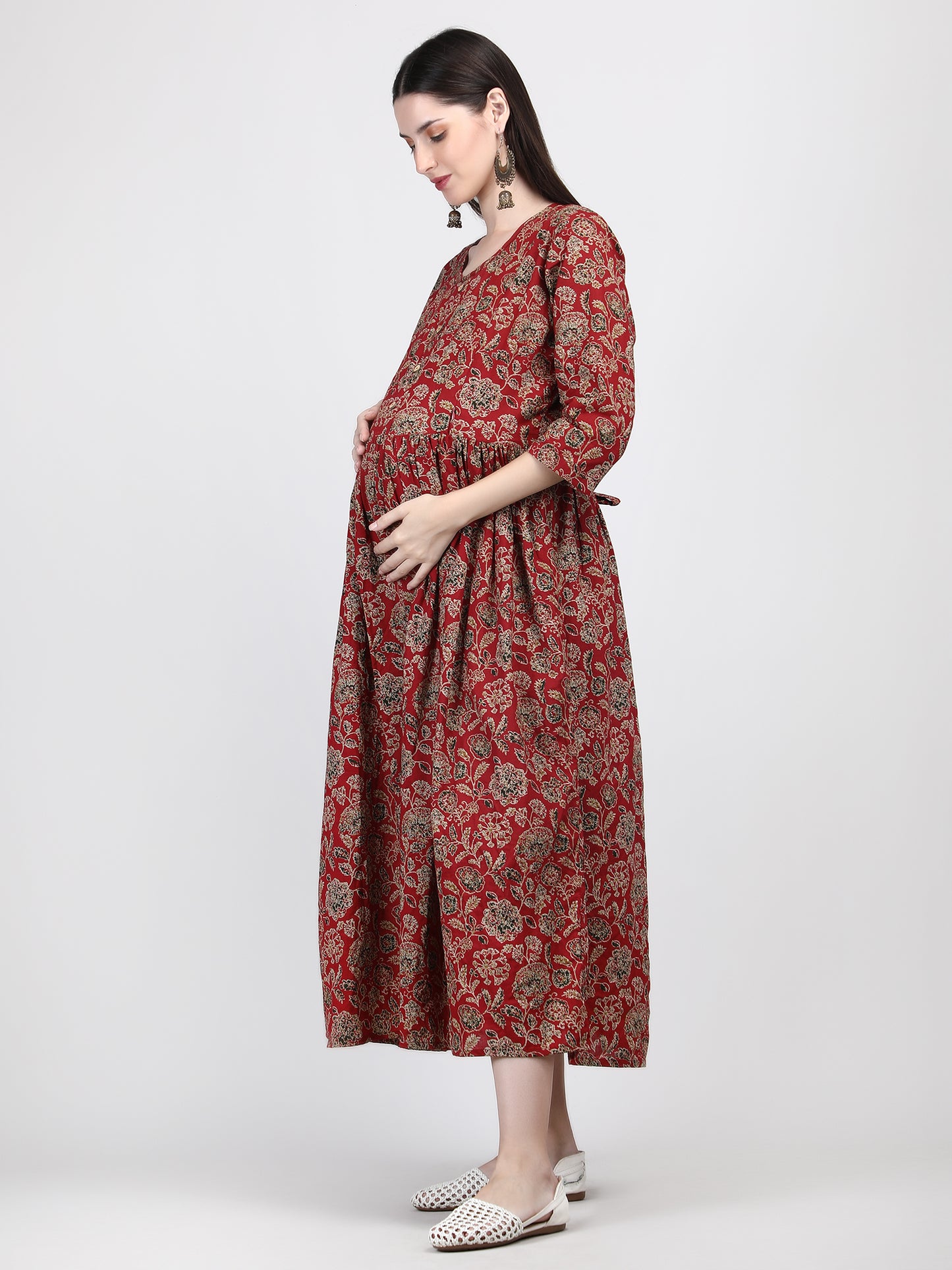 Best Barn Red Floral Printed Pure Cotton Feeding & Maternity Gown with Invisible Zip