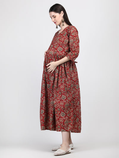 Best Barn Red Floral Printed Pure Cotton Feeding & Maternity Gown with Invisible Zip