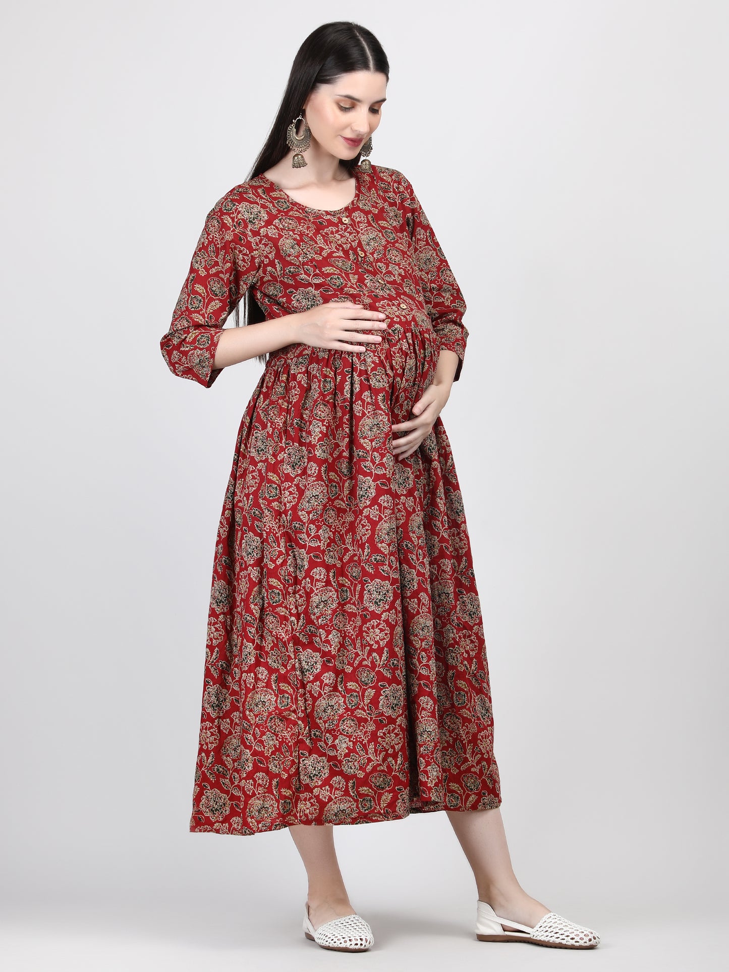 Best Barn Red Floral Printed Pure Cotton Feeding & Maternity Gown with Invisible Zip