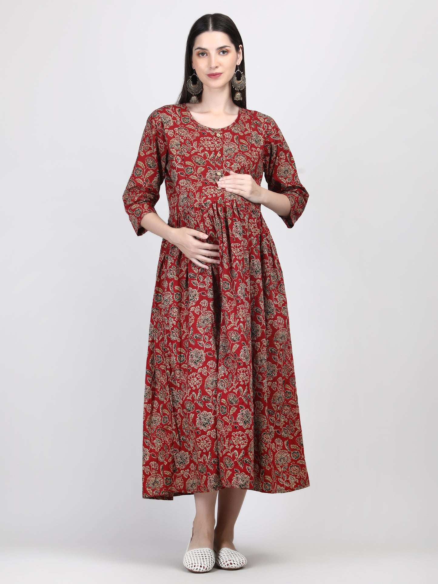 Best Barn Red Floral Printed Pure Cotton Feeding & Maternity Gown with Invisible Zip