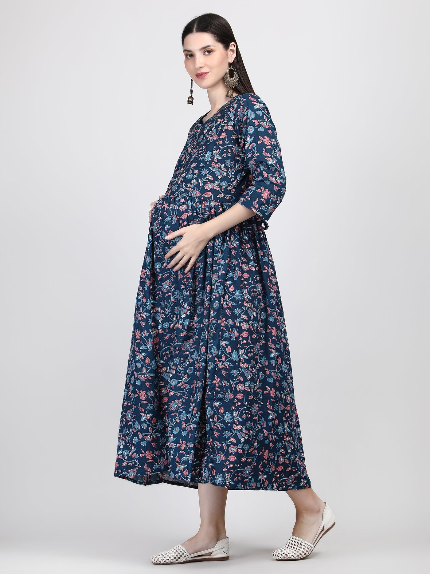 Comfortable Pure Cotton Blue Maternity & Feeding Gown with Invisible Zip
