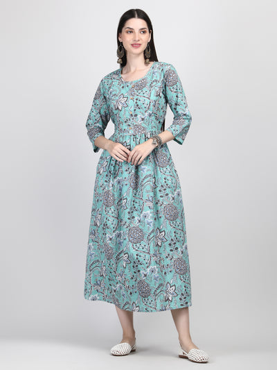 Comfortable Celeste Green Floral Printed Pure Cotton Maternity Cum Feeding Gown with Invisible Zip