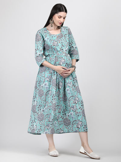 Comfortable Celeste Green Floral Printed Pure Cotton Maternity Cum Feeding Gown with Invisible Zip