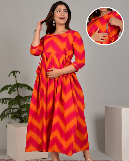 Pink Orange Maternity Nursing Gown with Feeding Zip