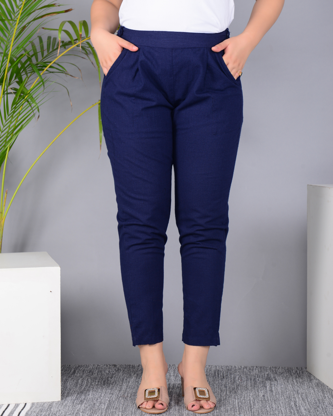 Blue Solid Cotton Flex Women Regular Fit Trousers