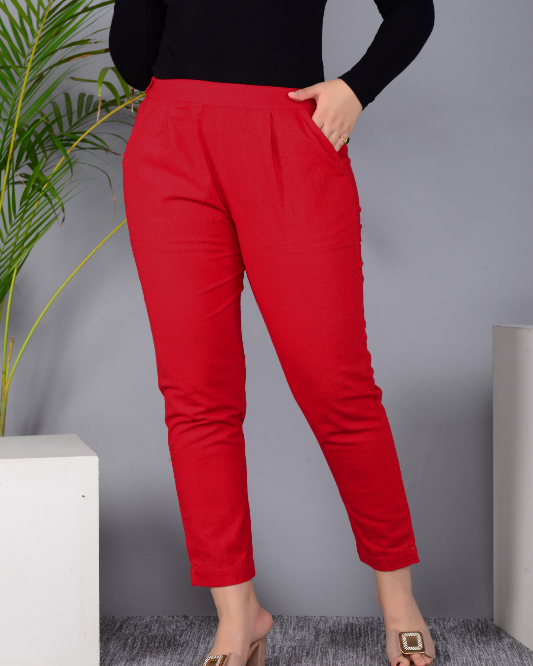 Red Solid Cotton Flex Women Regular Fit Trousers