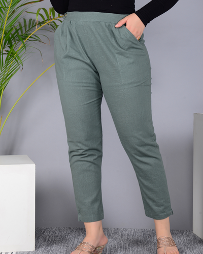 Grey Solid Cotton Flex Women Regular Fit Trousers