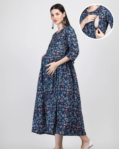 Comfortable Pure Cotton Blue Maternity & Feeding Gown with Invisible Zip