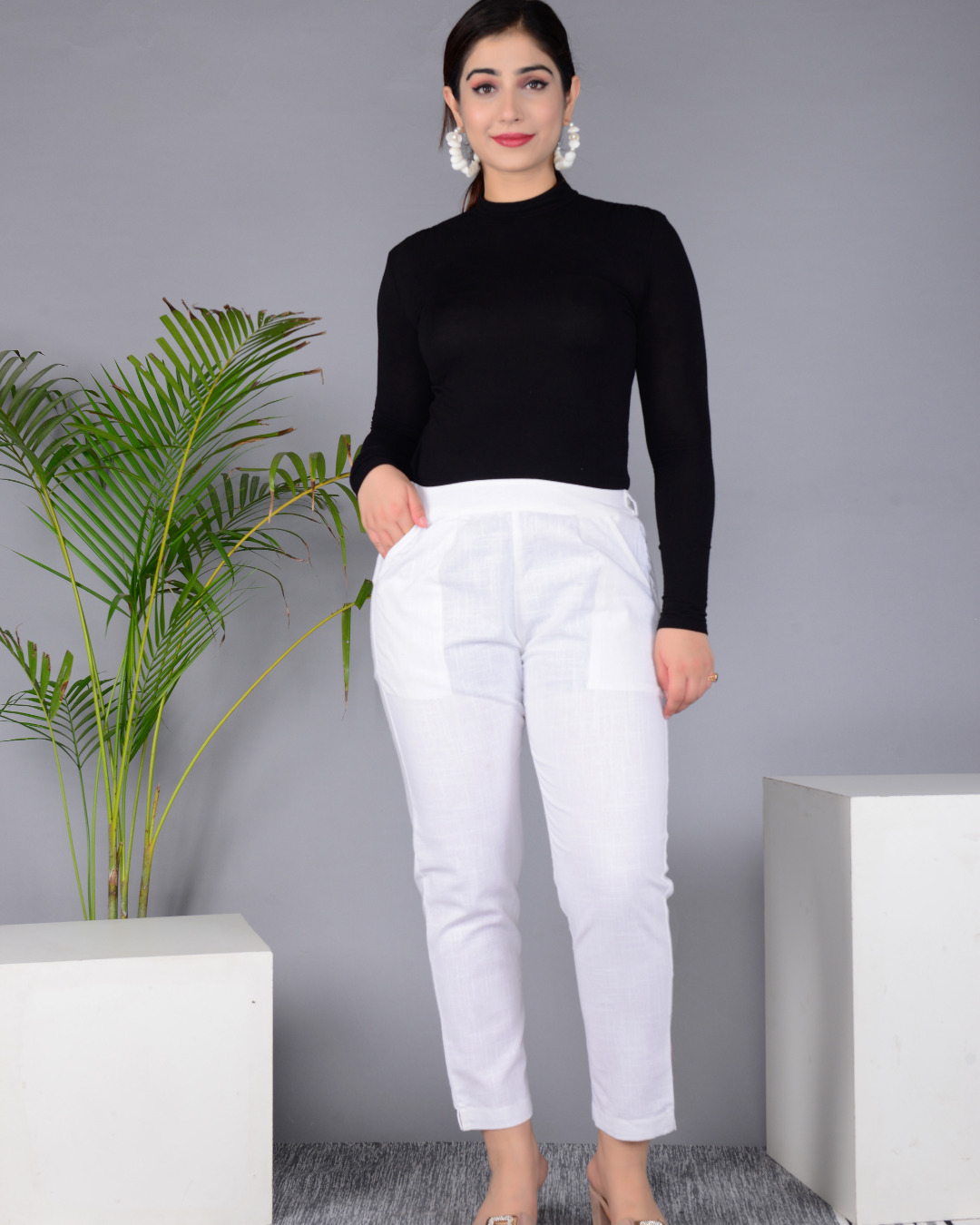 White Solid Cotton Flex Women Regular Fit Trousers
