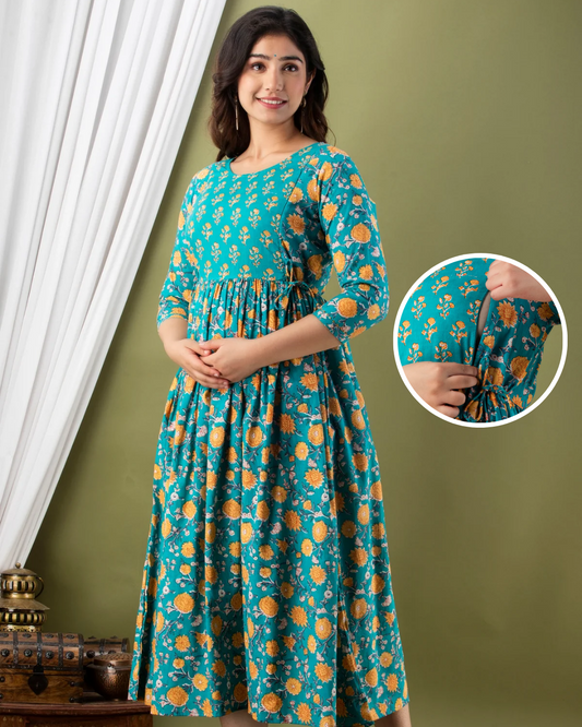 Ram Yellow Flower Yog Maternity Nursing Gown with Feeding Zip