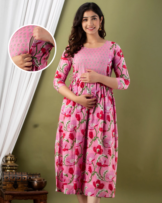 Pink Bel Print Yog Maternity Nursing Gown with Feeding Zip