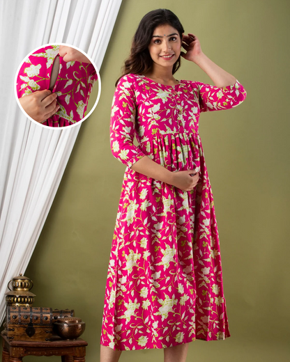 Rani Patti Print Maternity Nursing Gown with Feeding Zip