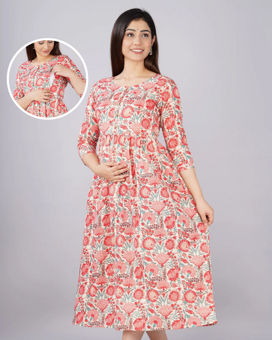 Off White Flower Print Maternity Nursing Gown with Feeding Zip