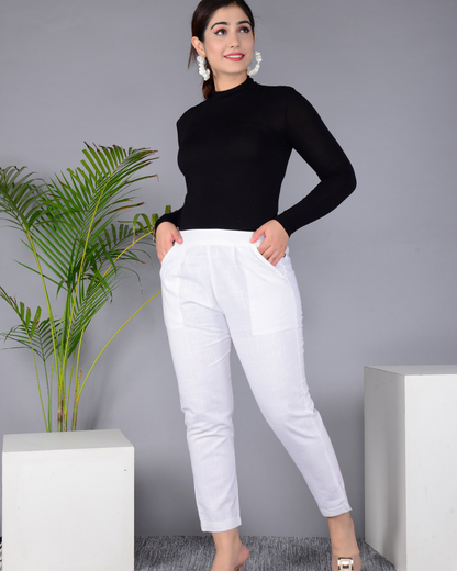 White Solid Cotton Flex Women Regular Fit Trousers