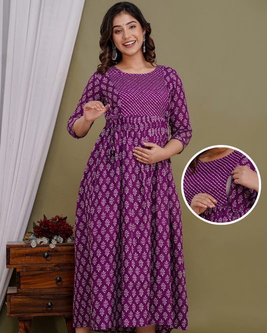 Eggplant Purple Maternity Nursing Gown with Feeding Zip