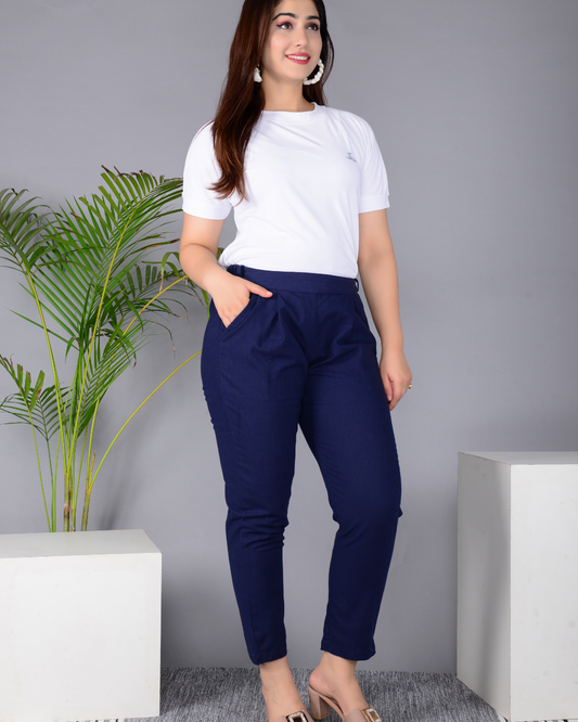 Blue Solid Cotton Flex Women Regular Fit Trousers