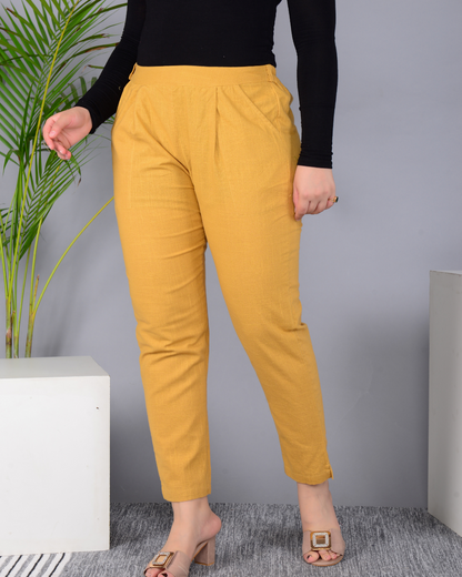 Golden Solid Cotton Flex Women Regular Fit Trousers