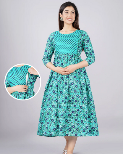 Rama Blue Dot Yog Dori Gawan Maternity Nursing Gown with Feeding Zip