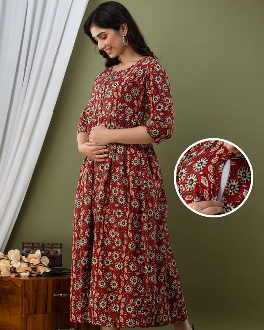 Maroon Maternity Nursing Gown with Feeding Zip