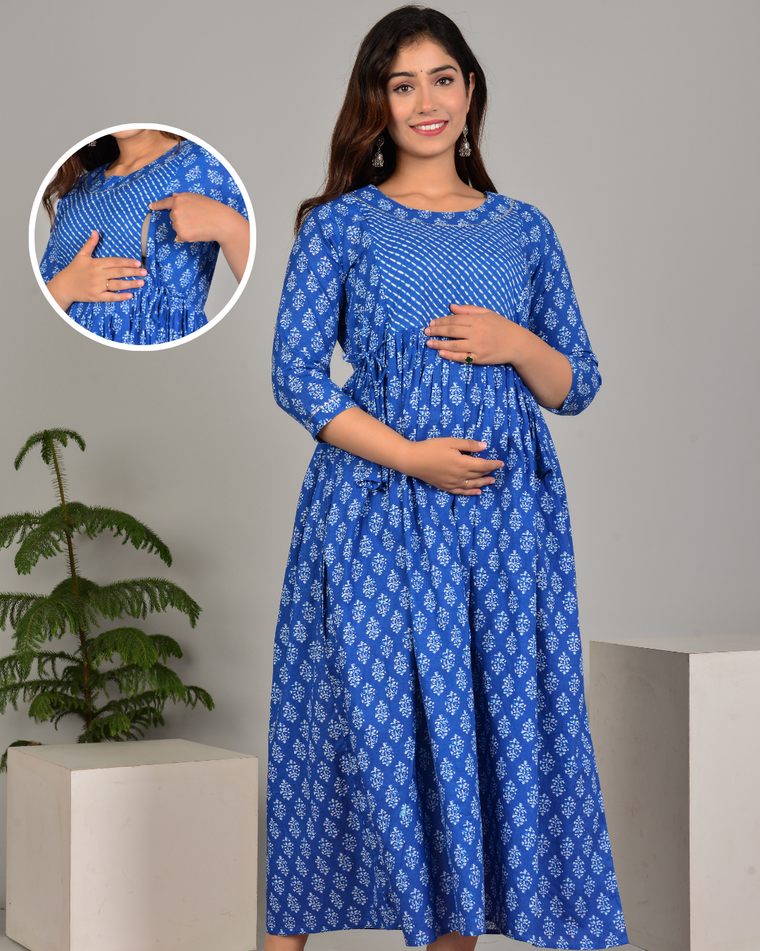 Cobalt Blue Maternity Nursing Gown with Feeding Zip