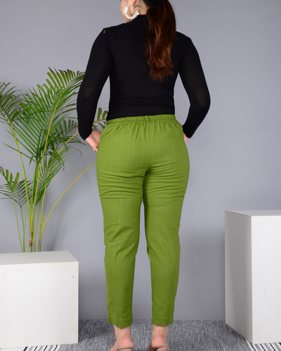 Green Solid Cotton Flex Women Regular Fit Trousers