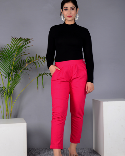 Pink Solid Cotton Flex Women Regular Fit Trousers