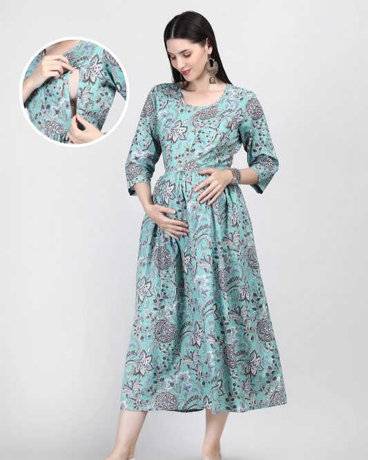 Comfortable Celeste Green Floral Printed Pure Cotton Maternity Cum Feeding Gown with Invisible Zip