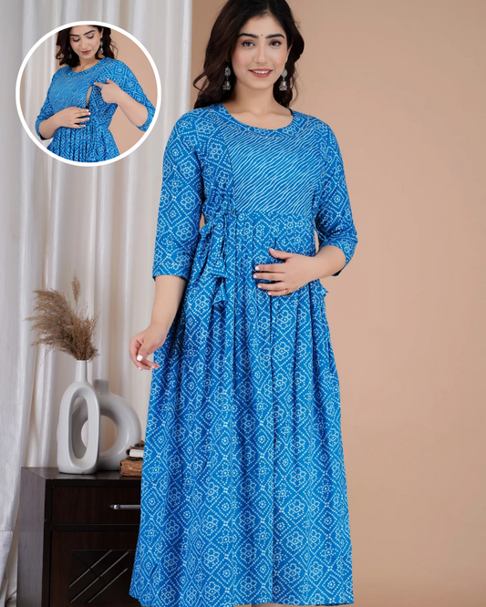 Blue Lehhariya Bhadej Maternity Nursing Gown with Feeding Zip