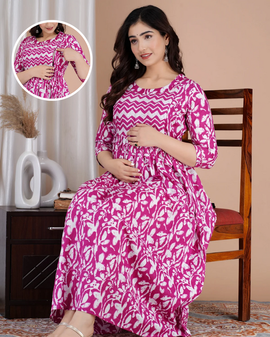 Bangani Zig Zeg Line Yog Maternity Nursing Gown with Feeding Zip