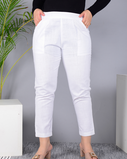 White Solid Cotton Flex Women Regular Fit Trousers