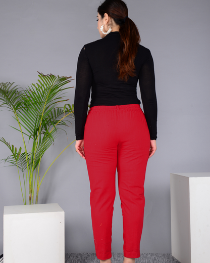 Red Solid Cotton Flex Women Regular Fit Trousers