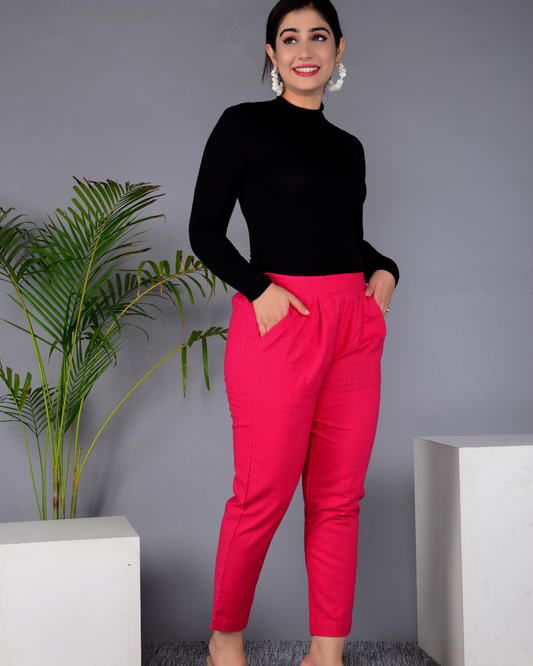 Pink Solid Cotton Flex Women Regular Fit Trousers