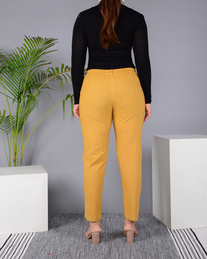 Golden Solid Cotton Flex Women Regular Fit Trousers