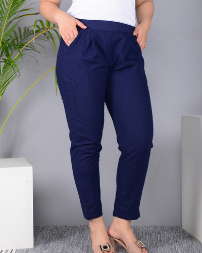 Blue Solid Cotton Flex Women Regular Fit Trousers