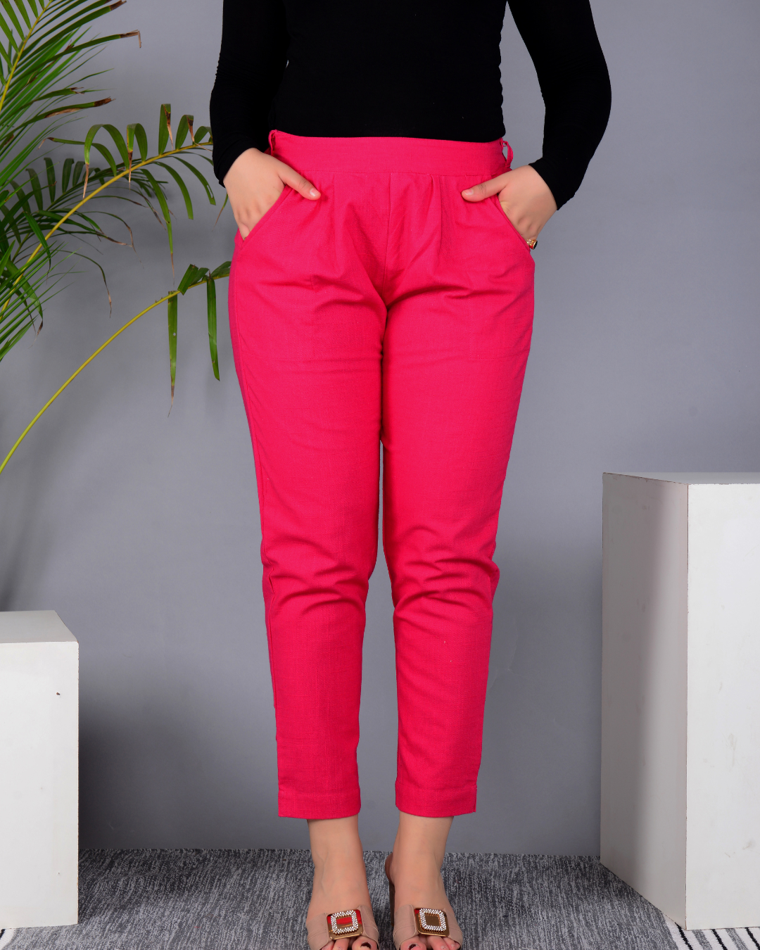 Pink Solid Cotton Flex Women Regular Fit Trousers