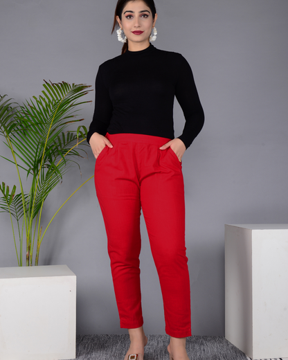 Red Solid Cotton Flex Women Regular Fit Trousers